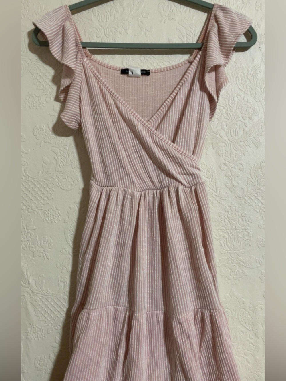 Caution To The Wind Pink Stripe Ruffle-Sleeve Wrap Dress